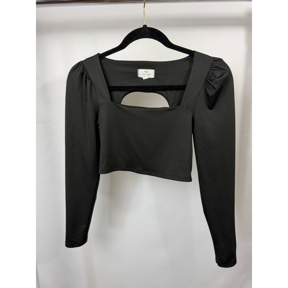 Live In The Moment Black Long Sleeve Crop Top Cutout Open Back Square Neck Small